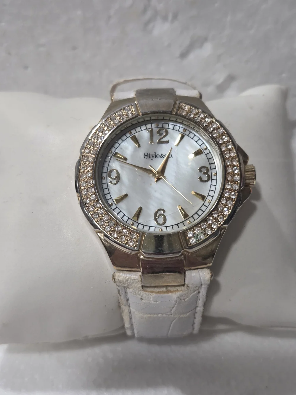 Style&co Gold-Tone Crystal Bezel Watch with White Strap